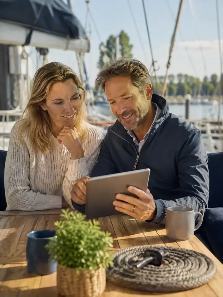 Man en vrouw bekijken samen digitale instellingen op een tablet aan boord van een zeilboot.