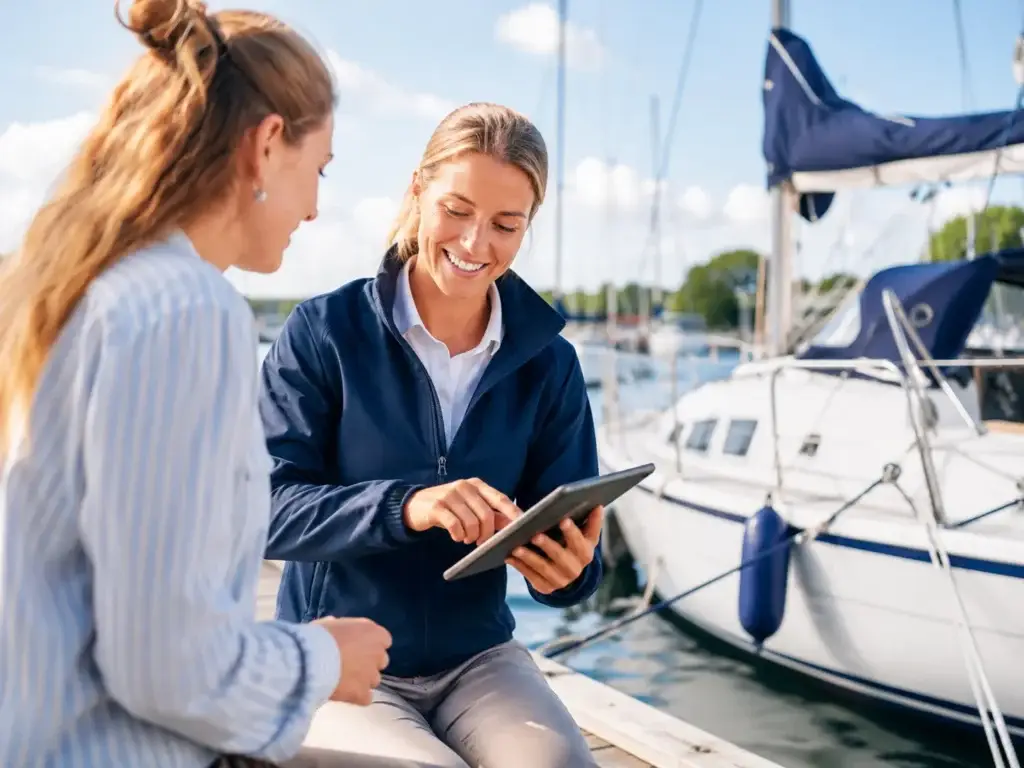 Twee vrouwen bekijken samen een tablet op een steiger naast een zeilboot in de jachthaven.