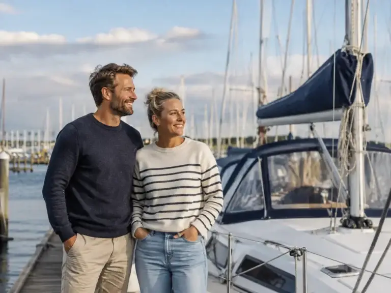 Twee zeilliefhebbers staan ontspannen bij een moderne zeilboot in een Nederlandse jachthaven.