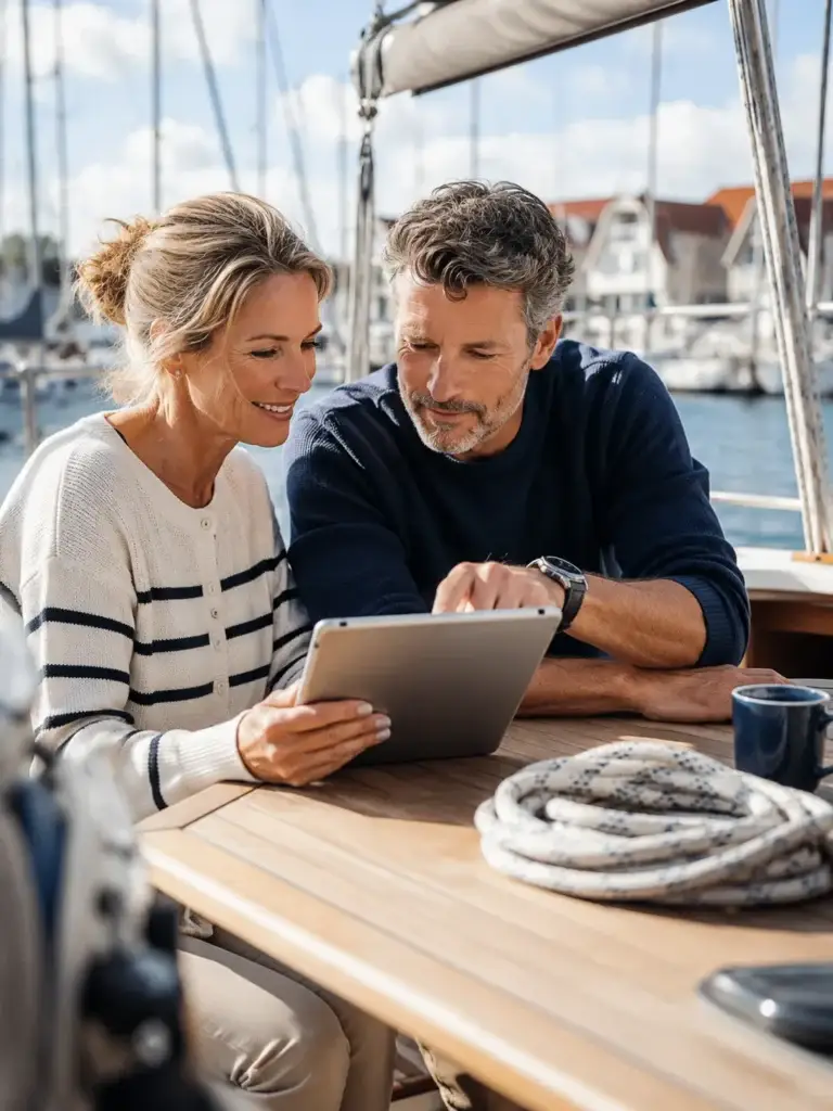 Twee zeilliefhebbers bekijken samen informatie op een tablet aan boord van een zeilboot in de jachthaven.