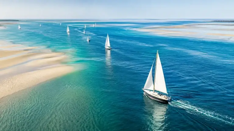 Aerial view of several sailboats navigating blue-green water between tidal sandbanks.