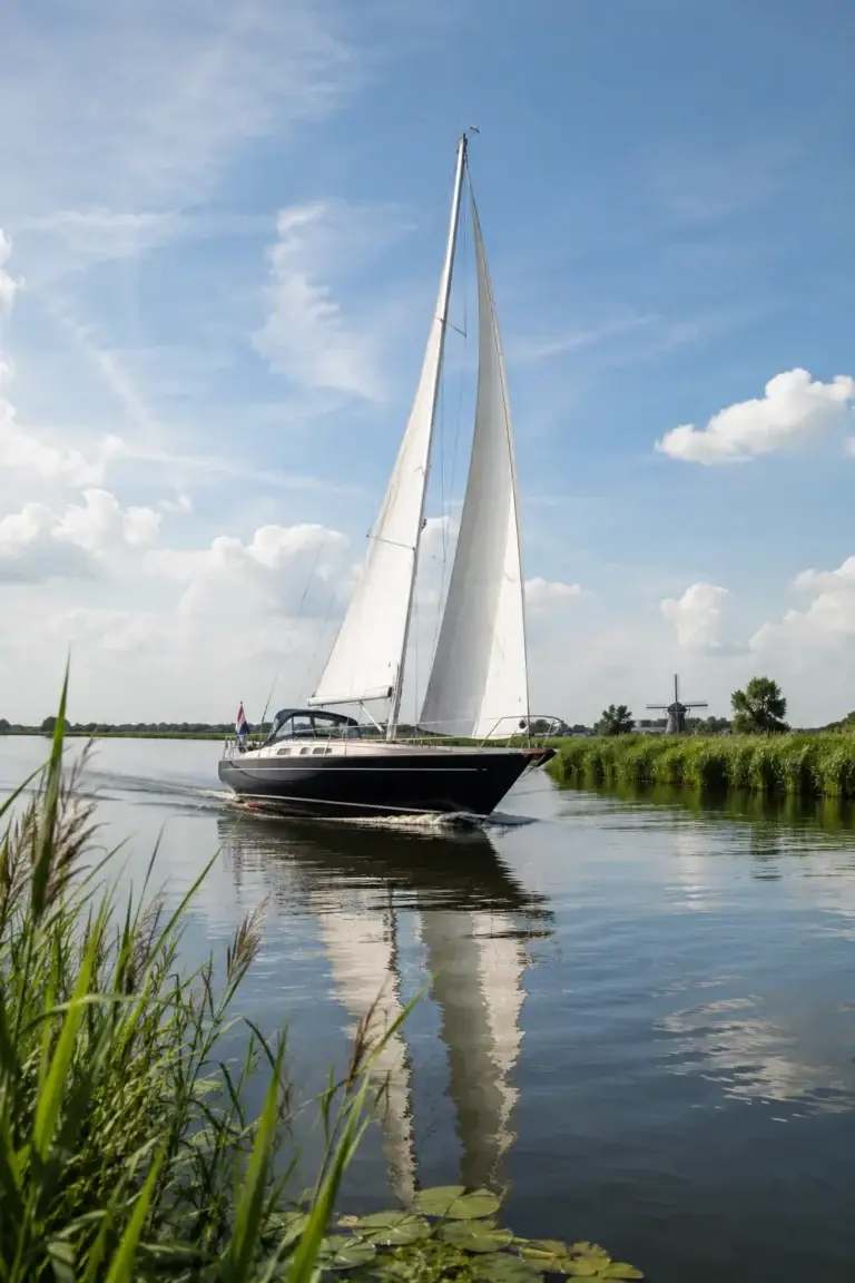 Sailboat gliding through peaceful Dutch inland waters surrounded by green reeds and countryside.