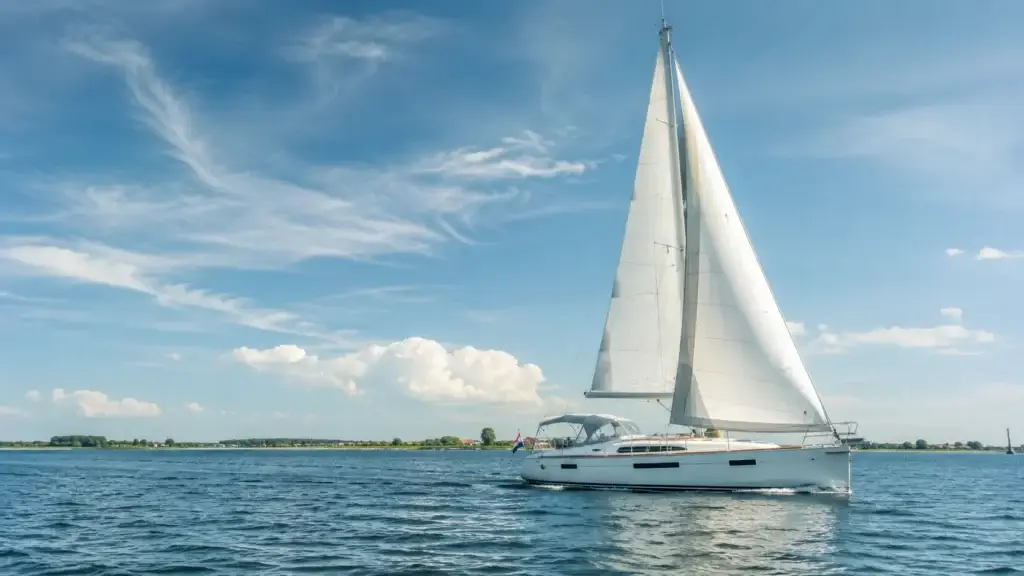 Wit zeiljacht vaart over rustig Nederlands water onder een helderblauwe lucht.