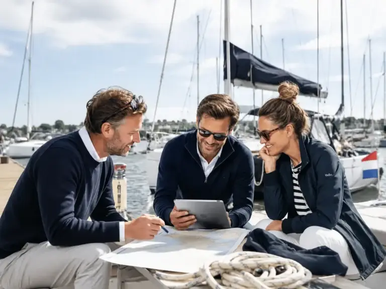 Drie professionals bespreken samen een nautische kaart en tablet bij een jachthaven met zeilboten op de achtergrond.