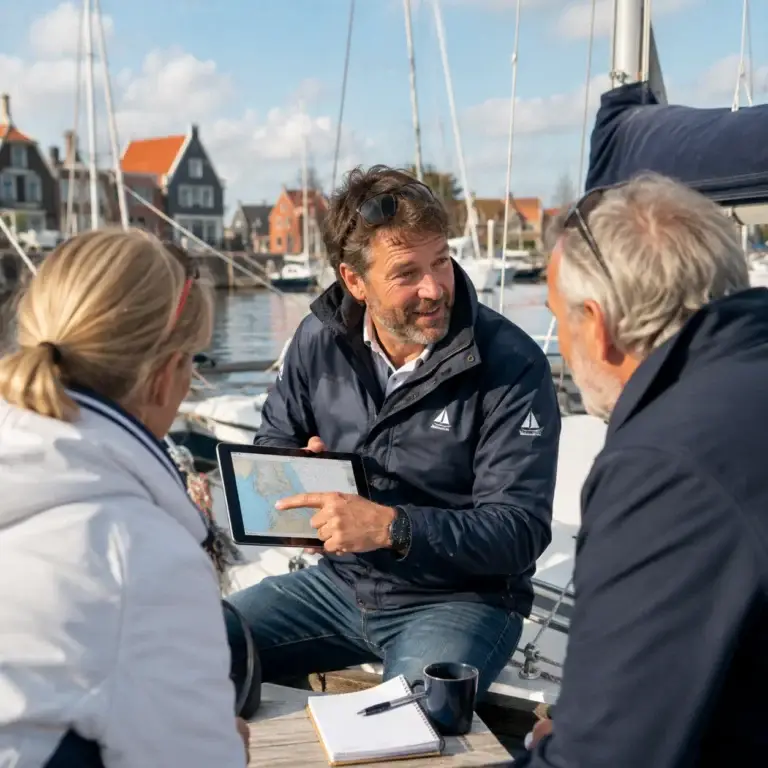 Zeilinstructeur legt een nautische kaart op een tablet uit aan twee zeilliefhebbers in een jachthaven.