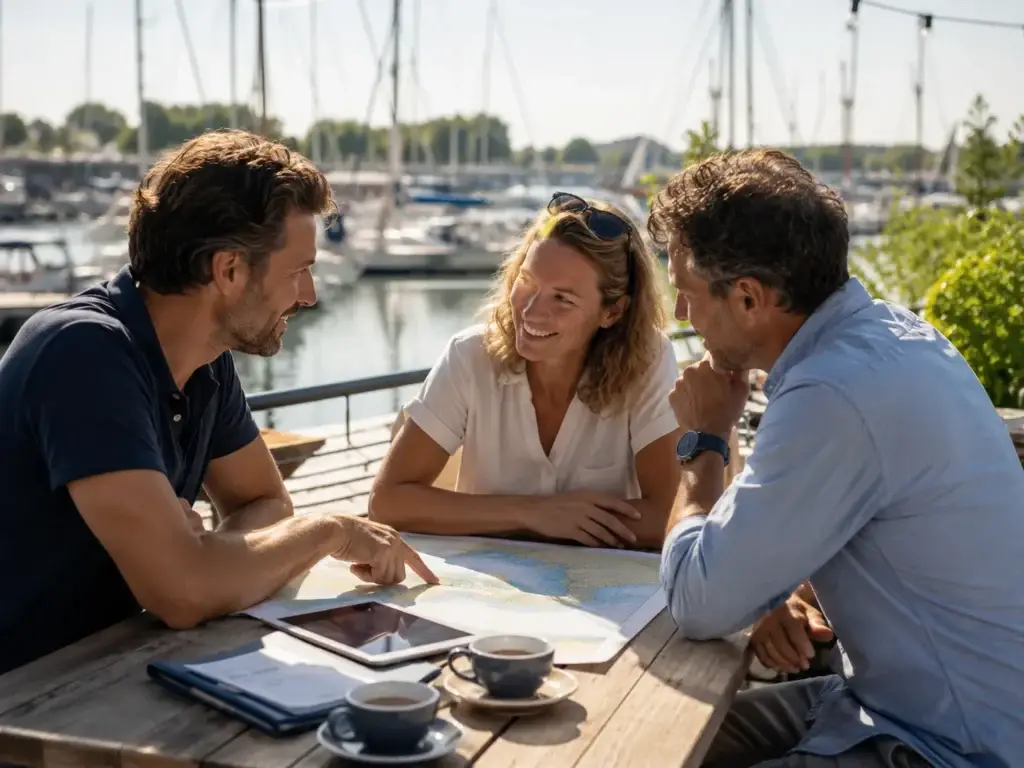 Drie zeilliefhebbers bespreken samen een nautische kaart aan een tafel met een jachthaven op de achtergrond.